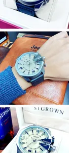 Men's oversized quartz watch with leather strap, business fashion casual style timepiece.