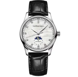 Men's automatic mechanical watch with black leather strap mother of pearl dial moon phase dress watch