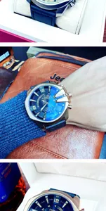 Oversized mens quartz watch with luxury blue dial and leather strap for business style.