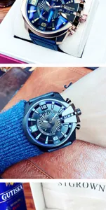 Oversized men quartz watch with blue dial and leather strap for business fashion style.