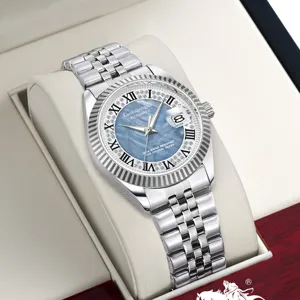 Men's Automatic Mechanical Watch Stainless Steel Fluted Bezel Meteorite Dial Luminous Waterproof Business Watch