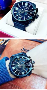 Detailed shot of men oversized quartz watch with large dial, black strap and unique crown guard.