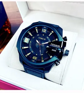 Oversized men quartz watch with bold black dial and leather strap for business fashion.