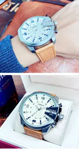 Men's oversized quartz watch with brown leather strap and unique crown guard for business.