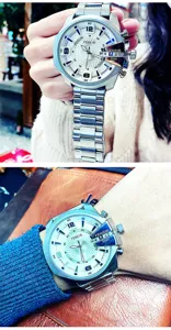 Men oversized quartz watch with stainless steel strap and distinctive dial design for business.