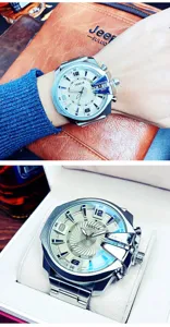 Men's oversized quartz watch with large dial and metal bracelet, stylish business timepiece.
