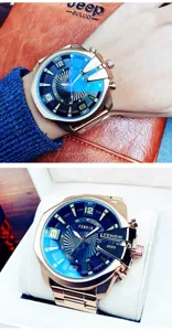 Oversized mens quartz watch with blue multi-layer dial and golden metal strap fashion.