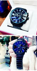 Men's oversized quartz watch with black metal strap, bold dial, and modern business fashion style.