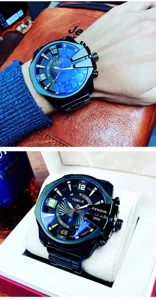 Men oversized quartz watch with large dial, black metal strap, and stylish business design.