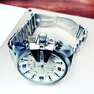Oversized men's quartz watch with steel strap and industrial dial design for business.