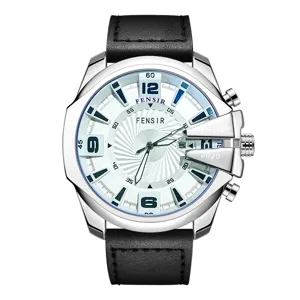 Men's oversized dial quartz watch with white face and black leather strap for business fashion style.