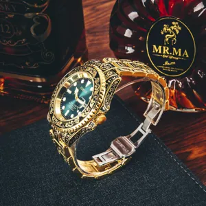 Carved gradient men's quartz watch with business waterproof design and unique bezel.