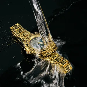 Luxury gold quartz watch for men with baroque carved dial and rotating bezel, waterproof design.