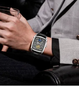 Men automatic mechanical watch skeleton tonneau dial leather strap luxury dress wrist watch