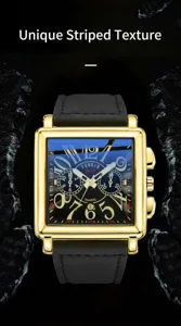 Men's square quartz watch with black leather strap, gold steel case, stylish dial.