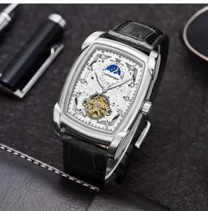 Detailed view of the luxury tonneau skeleton automatic mechanical watch with exquisite dial.