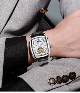 Luxury Mens Automatic Mechanical Watch Tonneau Skeleton Dress Wristwatch Leather