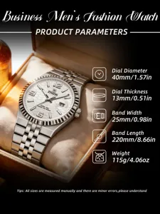Detailansicht des luxuriösen Herrenuhr-Zifferblatts mit Stahlarmband und genauen Abmessungen.