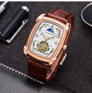Detailed close-up shot of a luxury tonneau-shaped automatic mechanical watch for men.