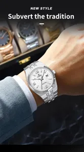 Detailansicht der luxuriösen Business Herrenuhr mit Edelstahlarmband und strukturiertem Zifferblatt.