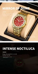 Detailed view of luxury men's vintage engraved quartz watch with glowing dial in box and wrist.