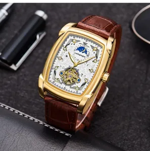 Detailed view of luxury mechanical watch with skeleton dial and brown leather strap.
