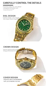 Men's luxury gold carved quartz watch with green dial, retro business steel strap timep.