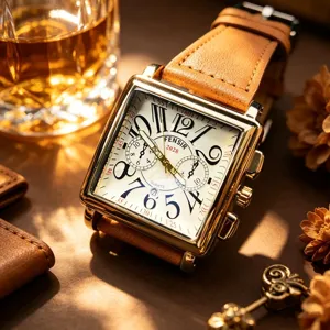 Men's Quartz Watch Square Big Dial Alloy Case Leather Strap Waterproof Calendar Fashion Business Wristwatch