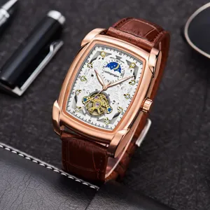 Men's Automatic Mechanical Watch Tonneau Hollow Carved Dial Stainless Steel Strap Business Luxury Wristwatch