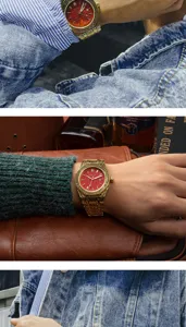 Vintage carved quartz watch for men featuring a striking red textured dial and gold metal band.
