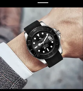 Men automatic mechanical watch black dial rubber strap luxury sport wristwatch accessory.