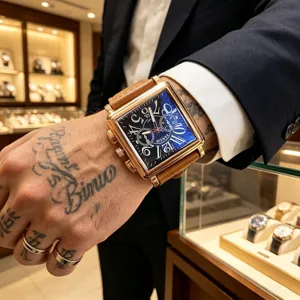 Square leather strap men's watch with large dial quartz movement waterproof luxury gift