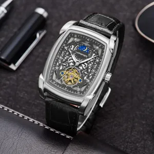 Men's automatic mechanical watch tonneau skeleton dial leather strap luxury business wristwatch
