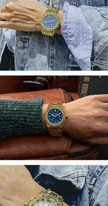Detailed close-up of retro engraved quartz watch with blue dial on wrist in lifestyle setting.