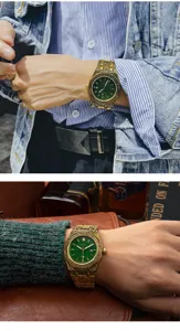 Retro carved quartz watch for men, luxury business steel strap waterproof luminous timepiece.