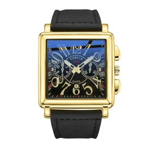 Men's square quartz watch with large dial and leather strap, elegant fashion casual timepiece.