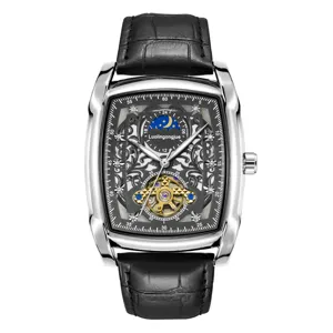 Men automatic mechanical watch with tonneau skeleton dial and black leather strap.