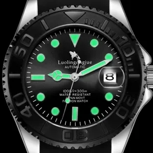 Black automatic mechanical watch for men with luminous hands and rotating bezel for daily wear.