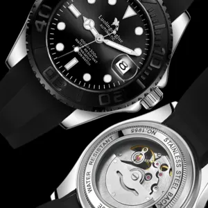 Men automatic mechanical watch with black dial rubber strap rotating bezel main view