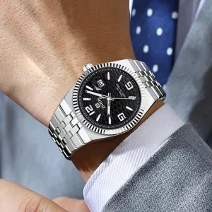 Luxus Herrenuhr silbernes Metallarmband Business Armbanduhr mit schwarzem Zifferblatt
