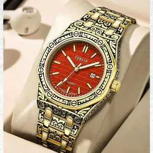 Men vintage carved quartz watch luxury gold steel strap waterproof business wristwatch