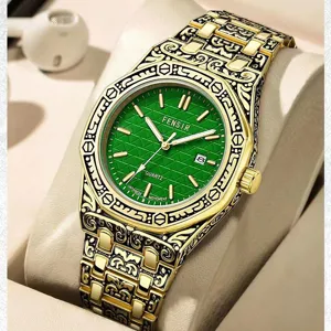 Men vintage engraved quartz watch with green dial and gold steel strap, luxury business main image.