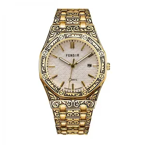 Men retro engraved quartz watch golden steel strap luxury fashion business wristwatch item