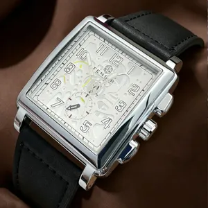 Men's Square Quartz Watch Fashion Large Dial Business Casual Leather Strap Wristwatch
