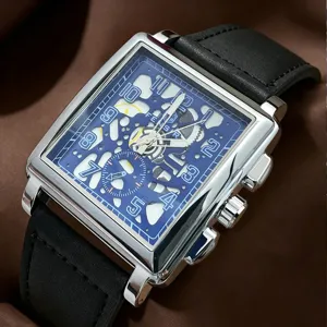 Men's square quartz watch with blue skeleton dial and black leather strap for business.