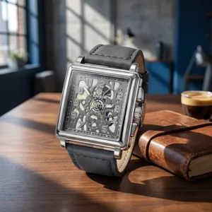 Men's square quartz watch with grey leather strap, stylish business casual waterproof timepiece.
