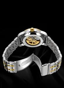 Men's mechanical watch with hollow dial design, steel strap, and transparent case back.