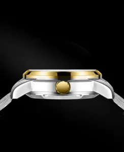 Close-up side view of the mechanical watch showing dual-tone case and golden crown.
