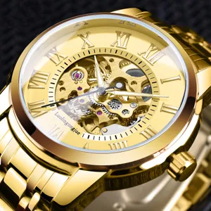 Herren Automatische Mechanische Uhr Edelstahl Hohles Skelett Römisches Zifferblatt Business Lässige Armbanduhr