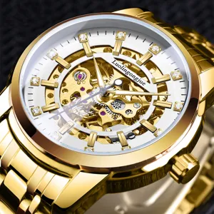 Herren Automatische Mechanische Skelett Uhr Edelstahl Durchbrochen Wasserdicht Business Armbanduhr mit Strass Markierungen